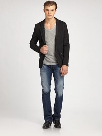 Slim-fit silhouette with significant hand whiskering and abrasions throughout the leg in a stone-washed indigo rinse for an overall downtown finish.Five-pocket styleInseam, about 33CottonMachine washImported Slim-fit silhouette with significant hand whiskering and abrasions throughout the leg in a stone-washed indigo rinse for an overall downtown finish.Five-pocket styleInseam, about 33CottonMachine washImported
