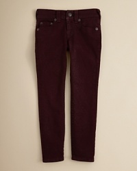 True Religion trots out a class skinny jean updated with a rich, over-dye wash and alluring accents of sparkling glitter. True Religion trots out a class skinny jean updated with a rich, over-dye wash and alluring accents of sparkling glitter.