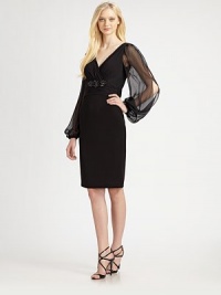 Luxurious, flowing silk chiffon sleeves and embellished waist define this ruched cocktail dress.Surplice v-neckRuched waist with beaded detailCenter back zipperAbout 25 from natural waistBody: polyesterSleeves: silkDry cleanMade in USA of imported fabricModel shown is 5'11 (180cm) wearing US size 4. Luxurious, flowing silk chiffon sleeves and embellished waist define this ruched cocktail dress.Surplice v-neckRuched waist with beaded detailCenter back zipperAbout 25 from natural waistBody: polyesterSleeves: silkDry cleanMade in USA of imported fabricModel shown is 5'11 (180cm) wearing US size 4.