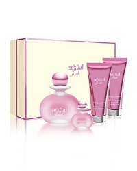 Because you are beautiful. The fragrance that envelops you with a gorgeous, youthful beauty. Sexual Fresh opens with iced ruby grapefruit and cooling cardamom. A pure bouquet of pink peony, white magnolia, and crushed white tea leaves deepens to a sensuous dry down of sensual musk with a hint of precious amber.Fragrance Type: Fruity FloralTOP: Iced Ruby Grapefruit, Bergamot, Fresh Ginger, Cooling CardamomMIDDLE: Pink Peony, Star Jasmin, White Tea, MagnoliaHEART: Sandalwood, Sensual Musk, Precious AmberSet Includes:Eau de parfum Spray 2.5 oz./75mlLuxury body lotion 3.4 oz./100mlLuxury bath and Shower gel 6.8 oz./200mlParfum miniature 0.3 oz./10 ml Because you are beautiful. The fragrance that envelops you with a gorgeous, youthful beauty. Sexual Fresh opens with iced ruby grapefruit and cooling cardamom. A pure bouquet of pink peony, white magnolia, and crushed white tea leaves deepens to a sensuous dry down of sensual musk with a hint of precious amber.Fragrance Type: Fruity FloralTOP: Iced Ruby Grapefruit, Bergamot, Fresh Ginger, Cooling CardamomMIDDLE: Pink Peony, Star Jasmin, White Tea, MagnoliaHEART: Sandalwood, Sensual Musk, Precious AmberSet Includes:Eau de parfum Spray 2.5 oz./75mlLuxury body lotion 3.4 oz./100mlLuxury bath and Shower gel 6.8 oz./200mlParfum miniature 0.3 oz./10 ml