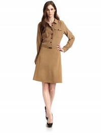 THE LOOKButtoned epauletsPoint collarButton placketLong sleevesButton cuffsButtoned flap pocket at chestSelf belt with goldtone claspSubtly textured wool skirtTHE FITAbout 36 from shoulder to hemTHE MATERIALBodice: silkSkirt: woolCARE & ORIGINDry cleanImportedModel shown is 5'9 (175cm) wearing US size 4. THE LOOKButtoned epauletsPoint collarButton placketLong sleevesButton cuffsButtoned flap pocket at chestSelf belt with goldtone claspSubtly textured wool skirtTHE FITAbout 36 from shoulder to hemTHE MATERIALBodice: silkSkirt: woolCARE & ORIGINDry cleanImportedModel shown is 5'9 (175cm) wearing US size 4.