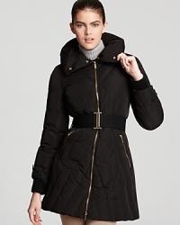 Shine all winter long thanks to the gold zipper hardware on this Clavin Klein belted coat. Switch up the collar to a stand collar by snapping it into place for a slightly different look! Shine all winter long thanks to the gold zipper hardware on this Clavin Klein belted coat. Switch up the collar to a stand collar by snapping it into place for a slightly different look!