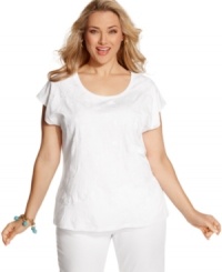 Get a fresh look for spring/summer with Charter Club's short sleeve plus size top, finished by an embroidered front. Get a fresh look for spring/summer with Charter Club's short sleeve plus size top, finished by an embroidered front.
