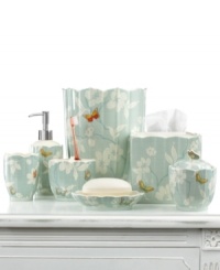 A lovely floral motif in a serene blue and white palette lends an air of nature-inspired sophistication to this Martha Stewart Collection Mariposa jar. A smattering of fanciful butterflies add delightful pops of color. A lovely floral motif in a serene blue and white palette lends an air of nature-inspired sophistication to this Martha Stewart Collection Mariposa jar. A smattering of fanciful butterflies add delightful pops of color.