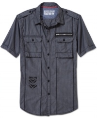 This short-sleeved shirt from DKNY Jeans is full of all the details to keep your summer look sharp. This short-sleeved shirt from DKNY Jeans is full of all the details to keep your summer look sharp.