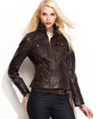 Motorcycle style made modern: GUESS' leather jacket tailors this iconic look for a woman's shape. Motorcycle style made modern: GUESS' leather jacket tailors this iconic look for a woman's shape.