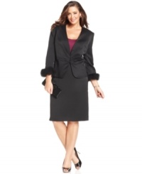 Tahari by ASL adds a festive touch to a plus size skirt suit with luxe feather cuffs. Perfect for the holidays and beyond. Tahari by ASL adds a festive touch to a plus size skirt suit with luxe feather cuffs. Perfect for the holidays and beyond.
