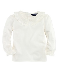 A lace-trimmed contrast collar and ruffle cuffs adorn a soft jersey tee. A lace-trimmed contrast collar and ruffle cuffs adorn a soft jersey tee.