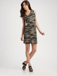 Abstract stripes and an asymmetrical v-neck rejuvenate this classic shift. Asymmetrical v-neckSleevelessAbout 20 from natural waistViscoseDry cleanMade in USAModel shown is 5'10 (177cm) wearing US size Small. Abstract stripes and an asymmetrical v-neck rejuvenate this classic shift. Asymmetrical v-neckSleevelessAbout 20 from natural waistViscoseDry cleanMade in USAModel shown is 5'10 (177cm) wearing US size Small.