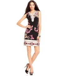 Give your work wardrobe a bold update with a printed sheath dress from Alfani. Glittering beads at the neckline take it effortlessly from the office to a night out. Give your work wardrobe a bold update with a printed sheath dress from Alfani. Glittering beads at the neckline take it effortlessly from the office to a night out.