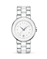 Diamond markers and a chic pairing of stainless steel with white ceramic make this MOVADO timepiece a modern classic. Diamond markers and a chic pairing of stainless steel with white ceramic make this MOVADO timepiece a modern classic.
