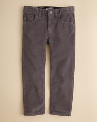 A slim fit pant rendered in quality corduroy, accented with Burberry's signature check print at the waist. A slim fit pant rendered in quality corduroy, accented with Burberry's signature check print at the waist.