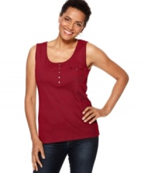 Utility-chic details like a mini chest pocket and goldtone studs make this Karen Scott tank top extra special. Utility-chic details like a mini chest pocket and goldtone studs make this Karen Scott tank top extra special.