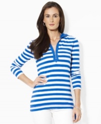 Lauren Jeans Co.'s hoodie is rendered from super-soft, striped cotton jersey with a sleek hardware and a drawstring hem for a custom, feminine fit. Lauren Jeans Co.'s hoodie is rendered from super-soft, striped cotton jersey with a sleek hardware and a drawstring hem for a custom, feminine fit.