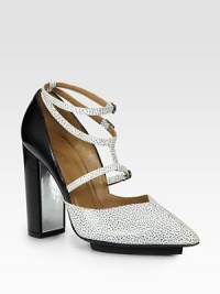Step out in this strappy point toe design of pebbled leather resting on a chunky heel with metallic leather accents. Self-covered heel with metallic leather accent, 4½ (115mm)Island platform, ½ (15mm)Compares to a 4 heel (100mm)Leather upperPoint toeAdjustable strapsLeather liningLeather and rubber solePadded insoleImportedOUR FIT MODEL RECOMMENDS ordering one half size up as this style runs small. 