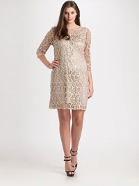Amazing lace, a feminine design with delicately woven metallic yarn, stunning sequins and a head-turning silhouette. Round neckThree-quarter sleevesPlunging v backBack zipperFully linedAbout 22 from natural waist97% polyester/3% spandexDry cleanImported Amazing lace, a feminine design with delicately woven metallic yarn, stunning sequins and a head-turning silhouette. Round neckThree-quarter sleevesPlunging v backBack zipperFully linedAbout 22 from natural waist97% polyester/3% spandexDry cleanImported