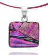 Sterling Silver Dichroic Glass Pink and Purple Rectangular Pendant Necklace on Stainless Steel Wire, 18