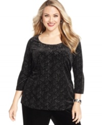 Celebrate the holiday season in style with Elementz' metallic plus size top, fashioned from plush velvet. Celebrate the holiday season in style with Elementz' metallic plus size top, fashioned from plush velvet.