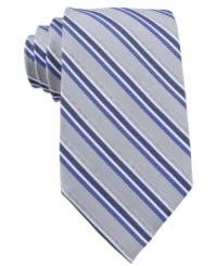 Follow the lines in your look with this sleek striped tie from Calvin Klein. Follow the lines in your look with this sleek striped tie from Calvin Klein.