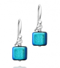 Sterling Silver Dichroic Glass Blue-Green Box-Shaped Bead Earrings Sterling Silver Dichroic Glass Blue-Green Box-Shaped Bead Earrings