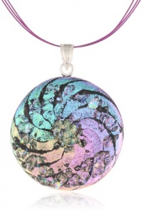 Sterling Silver Dichroic Glass Rainbow Swirl with Clear Glass Sprinkles Round Shape Pendant Necklace on Stainless Steel Wire, 18
