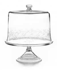 Keep pies and tarts especially fresh with this Martha Stewart Collection cake stand, featuring etched leaves in the dome and a luminous glass stand. Keep pies and tarts especially fresh with this Martha Stewart Collection cake stand, featuring etched leaves in the dome and a luminous glass stand.