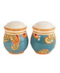 A fresh twist on a familiar pattern, Carissa Paisley salt and pepper shakers by Fitz and Floyd mix colorful paisleys with sculpted rope in casual earthenware. A fresh twist on a familiar pattern, Carissa Paisley salt and pepper shakers by Fitz and Floyd mix colorful paisleys with sculpted rope in casual earthenware.