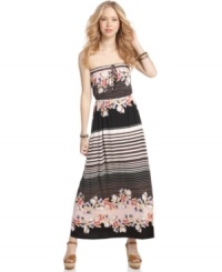 Colorful flowers bloom over an endless supply of stripes on this maxi dress from American Rag! Pair it with your favorite platform heels for a look that's extra flirty! Colorful flowers bloom over an endless supply of stripes on this maxi dress from American Rag! Pair it with your favorite platform heels for a look that's extra flirty!