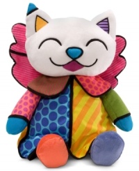 This whimsical Angel Cat plush toy from acclaimed Brazilian artist Romero Britto features fun stripes and polka dots in bright colors and plays a musical tune. This whimsical Angel Cat plush toy from acclaimed Brazilian artist Romero Britto features fun stripes and polka dots in bright colors and plays a musical tune.