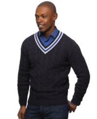 Dress up a simple button-up with this lightweight cable-knit sweater from Argyle Culture. Dress up a simple button-up with this lightweight cable-knit sweater from Argyle Culture.