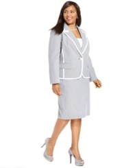 The classic fit of Evan Picone's plus size skirt suit is crisply accentuated by a contrasting trim on the jacket. The classic fit of Evan Picone's plus size skirt suit is crisply accentuated by a contrasting trim on the jacket.