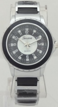 Geneva Quartz Chronograph-style Look Rhinestone on Diall Silver N Black Band Geneva Quartz Chronograph-style Look Rhinestone on Diall Silver N Black Band