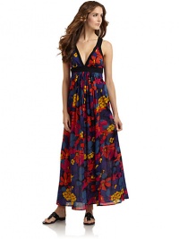 THE LOOKVibrant flower printContrast banded V-neck and Empire waistPleated center waistSide zipperCrossback strapsTHE FITAbout 52 from shoulder to hemTHE MATERIALCottonCARE & ORIGINHand washImportedModel shown is 5'11 (180cm) wearing US size Small. THE LOOKVibrant flower printContrast banded V-neck and Empire waistPleated center waistSide zipperCrossback strapsTHE FITAbout 52 from shoulder to hemTHE MATERIALCottonCARE & ORIGINHand washImportedModel shown is 5'11 (180cm) wearing US size Small.