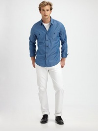 Soft cotton chambray works the night shift, thanks to its subtle sheen and trim, modern fit.Point collarButton frontTwo buttoned chest pocketsLong sleevesShirttail hemCottonMachine washImported Soft cotton chambray works the night shift, thanks to its subtle sheen and trim, modern fit.Point collarButton frontTwo buttoned chest pocketsLong sleevesShirttail hemCottonMachine washImported