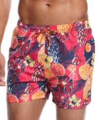 Get paradisaical with these swim trunks from Lacoste that are flush with tropical color. Get paradisaical with these swim trunks from Lacoste that are flush with tropical color.