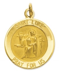 Divine inspiration. Keep your faith close with this charming Saint Luke Medal, featuring the script: Saint Luke Pray For Us in 14k gold. Approximate length: 9/10 inch. Approximate width: 6/10 inch. Divine inspiration. Keep your faith close with this charming Saint Luke Medal, featuring the script: Saint Luke Pray For Us in 14k gold. Approximate length: 9/10 inch. Approximate width: 6/10 inch.
