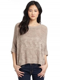 THE LOOKOpen weave marled designPullover styleRectangle silhouetteRibbed round necklineThree-quarter length ribbed cuff dolman sleevesPerforated zig-zag designRibbed hemTHE FITAbout 26 from shoulder to hemTHE MATERIAL55% cotton/45% acrylicCARE & ORIGINHand washImportedModel shown is 5'10 (177cm) wearing US size Small. THE LOOKOpen weave marled designPullover styleRectangle silhouetteRibbed round necklineThree-quarter length ribbed cuff dolman sleevesPerforated zig-zag designRibbed hemTHE FITAbout 26 from shoulder to hemTHE MATERIAL55% cotton/45% acrylicCARE & ORIGINHand washImportedModel shown is 5'10 (177cm) wearing US size Small.