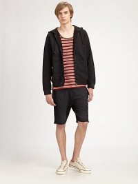 Casual, cool weekend wear just got alot easier with this easy-wearing, cotton sweat shorts.Banded waistSide slash, back patch pocketsFrayed hemInseam, about 8CottonMachine washImported Casual, cool weekend wear just got alot easier with this easy-wearing, cotton sweat shorts.Banded waistSide slash, back patch pocketsFrayed hemInseam, about 8CottonMachine washImported