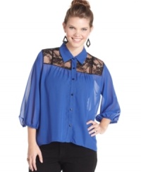 Amp up your allure with ING's three-quarter-sleeve plus size blouse, accented by a lace yoke-- it's super-key for the season! Amp up your allure with ING's three-quarter-sleeve plus size blouse, accented by a lace yoke-- it's super-key for the season!