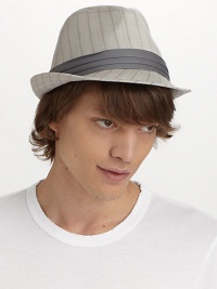 Sophisticated pinstripes pattern this trendy accessory with a contrast band and topstitched brim.Brim, 1 W Fully lined 46% polyester/29% cotton/25% viscose Imported Sophisticated pinstripes pattern this trendy accessory with a contrast band and topstitched brim.Brim, 1 W Fully lined 46% polyester/29% cotton/25% viscose Imported