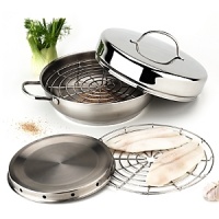 Includes a frying pan, made of 18/10 stainless steel, a smoking chamber with holes on sides, a steaming grid, to hold ingredients to be smoked and a lid. Safe for all cooking surfaces including induction and oven safe to 600 degrees Fahrenheit. Includes a frying pan, made of 18/10 stainless steel, a smoking chamber with holes on sides, a steaming grid, to hold ingredients to be smoked and a lid. Safe for all cooking surfaces including induction and oven safe to 600 degrees Fahrenheit.