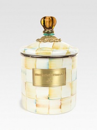 The perfect piece for everywhere from the kitchen to the boudoir, rendered in fine enameled steel with hand-painted checks and a sparkling jeweled handle.From the Parchment Check collectionCoordinating lid with jeweled handleBronzed stainless steel rimEnameled steelHand washImported The perfect piece for everywhere from the kitchen to the boudoir, rendered in fine enameled steel with hand-painted checks and a sparkling jeweled handle.From the Parchment Check collectionCoordinating lid with jeweled handleBronzed stainless steel rimEnameled steelHand washImported