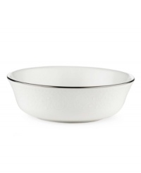 Beautiful and bridal-inspired, this classic white bowl is richly textured with a delicate floral motif and raised, beaded accents. Finished with a band of polished platinum. Beautiful and bridal-inspired, this classic white bowl is richly textured with a delicate floral motif and raised, beaded accents. Finished with a band of polished platinum.