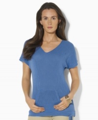 Defined by an easy, relaxed fit, Lauren Jeans Co.'s short-sleeved V-neck pullover blends the comfort of loosely knit slub cotton with the chic style of dolman sleeves. Defined by an easy, relaxed fit, Lauren Jeans Co.'s short-sleeved V-neck pullover blends the comfort of loosely knit slub cotton with the chic style of dolman sleeves.