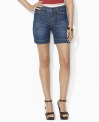 A casual essential with modern, feminine appeal, Lauren Jeans Co.'s classic-fitting short is rendered in soft, faded denim with a chic lace-up back for a bold update. A casual essential with modern, feminine appeal, Lauren Jeans Co.'s classic-fitting short is rendered in soft, faded denim with a chic lace-up back for a bold update.