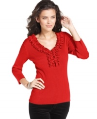 August Silk's ruffled V-neck sweater adds feminine flair to your casual wardrobe. They're available in rich colors, so you'll want more than one! August Silk's ruffled V-neck sweater adds feminine flair to your casual wardrobe. They're available in rich colors, so you'll want more than one!