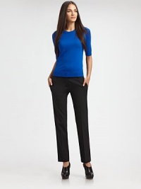 Lightweight wool knit finished with just a hint of stretch in a flattering slim-fit pullover.CrewneckThree-quarter sleevesRibbed trim96% wool/4% elastaneDry cleanImported of Italian fabricModel shown is 5'10½ (179cm) wearing US size Small. Lightweight wool knit finished with just a hint of stretch in a flattering slim-fit pullover.CrewneckThree-quarter sleevesRibbed trim96% wool/4% elastaneDry cleanImported of Italian fabricModel shown is 5'10½ (179cm) wearing US size Small.