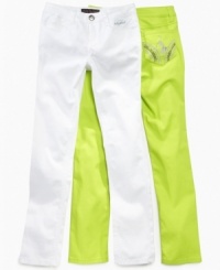 Add a pop to her outfit with these color or white denim jeans from Baby Phat. Add a pop to her outfit with these color or white denim jeans from Baby Phat.