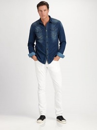 Ideal for the contemporary man of style, tailored in a slim-fitting, garment-dyed cotton with subtle 3-D whiskering for an easy-to-wear feel.Five-pocket styleButton flyInseam, about 34CottonMachine washImported Ideal for the contemporary man of style, tailored in a slim-fitting, garment-dyed cotton with subtle 3-D whiskering for an easy-to-wear feel.Five-pocket styleButton flyInseam, about 34CottonMachine washImported