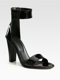 An on-trend ankle strap tops this glossy patent leather silhouette, heightened by a smooth calfskin heel. Leather-covered heel, 4¾ (120mm)Patent leather upperWide ankle strap with double snap closuresLeather lining and solePadded insoleMade in Italy An on-trend ankle strap tops this glossy patent leather silhouette, heightened by a smooth calfskin heel. Leather-covered heel, 4¾ (120mm)Patent leather upperWide ankle strap with double snap closuresLeather lining and solePadded insoleMade in Italy